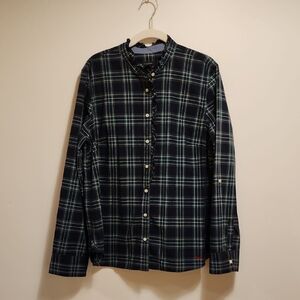 Talbots Women's Navy Plaid Button-Down Shirt w/ Ruffles Sz 16